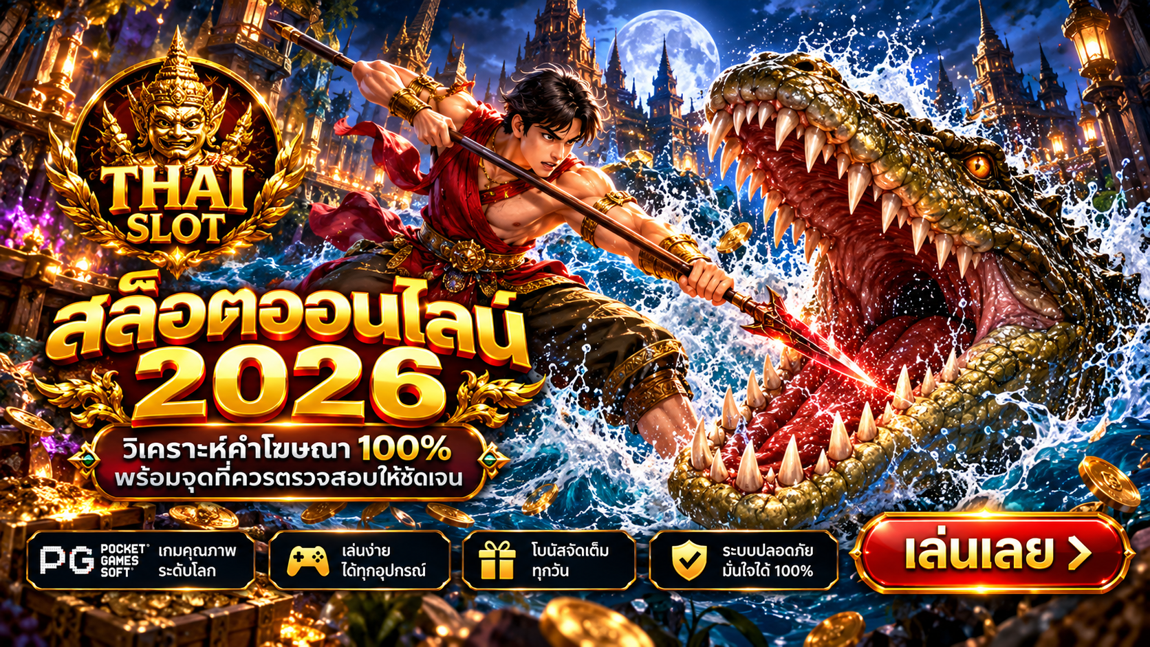 หน้าจอเกมสล็อตสมมติสำหรับอธิบายสัญลักษณ์และกติกา
